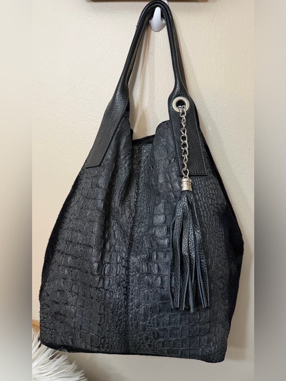 Black Croc-Textured Shoulder Tote with Tassel Accent. Genuine Leather bag